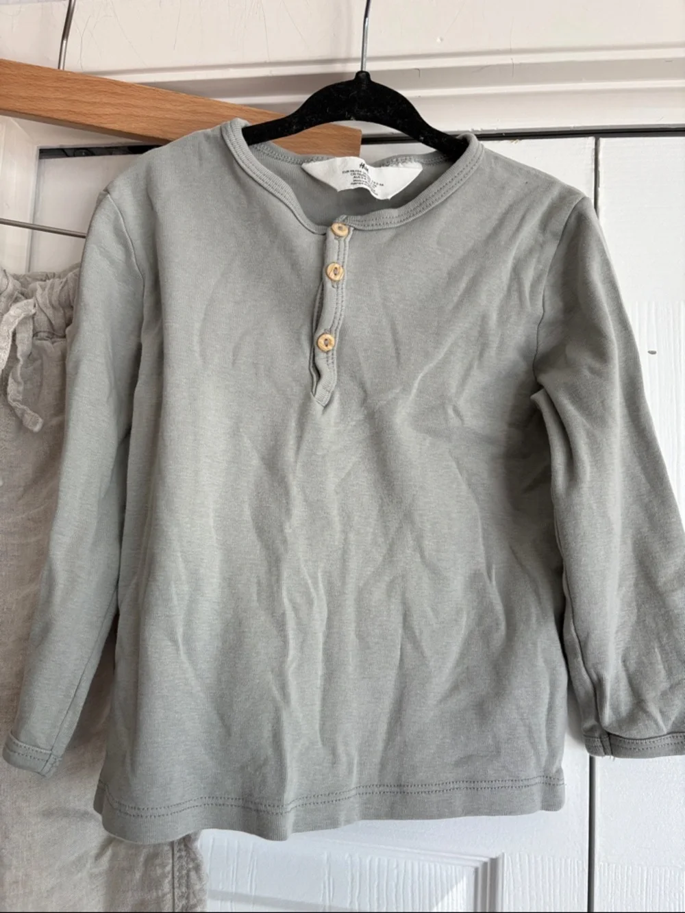 H&M Kids Natural Fibers 100% Cotton Blue Green Henley Top + Relaxed Linen Pants